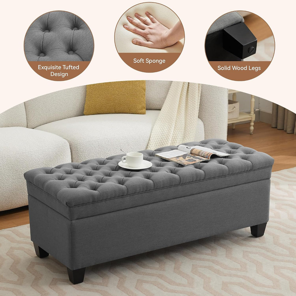 WUTUTUEE 51" Fabric Storage Ottoman Bench, Upholstered Rectangle End of Bed Storage Ottoman Tufted Living Room Bedroom Bench with Safety Hinge, Solid Wood Legs, Loads 500 lb(Dark Grey)