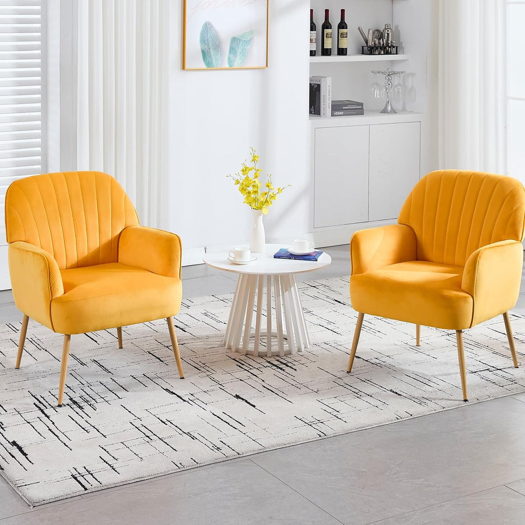 Velvet Accent Chair, Mid Century Modern Accent Chairs for Living Room, Comfy Upholstered Armchair with Metal Legs for Bedroom/Apartment/Office/Waiting Room, Golden Yellow