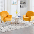 Velvet Accent Chair, Mid Century Modern Accent Chairs for Living Room, Comfy Upholstered Armchair with Metal Legs for Bedroom/Apartment/Office/Waiting Room, Golden Yellow