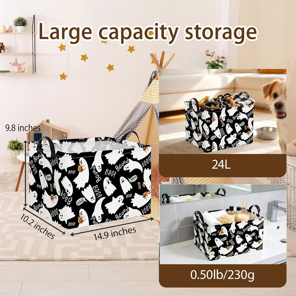 NTAO Gift Storage Basket Empty for Halloween, Storage Bin with Handles, Room Decor, Book Box(Black Ghost Boo)