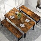 Dining Room Table Set with 2 Benches, Farmhouse Dining Table Set for 4-6, Wood Breakfast Table Set Dinner Table Set Kitchen Table and Chairs for Breakfast Nook Small Spaces, Brown