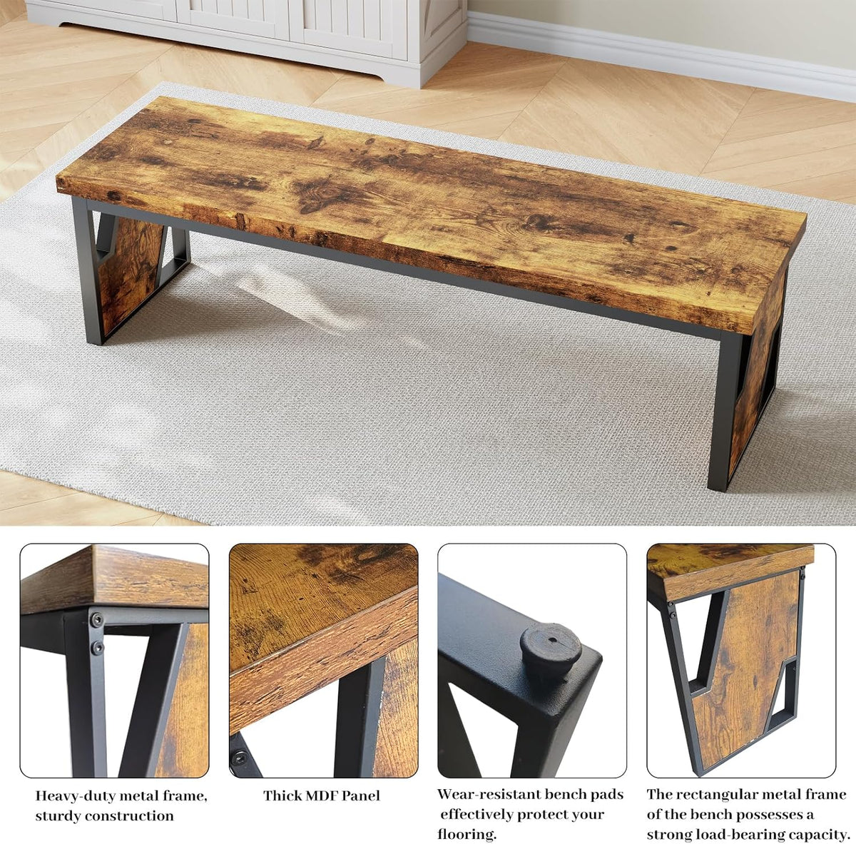 HIPIHOM Table Benches 2-Pack 54.72" Long, Antique Wood & Black Metal Legs, Rustic Farmhouse Benches for Dining Entryway Bedroom