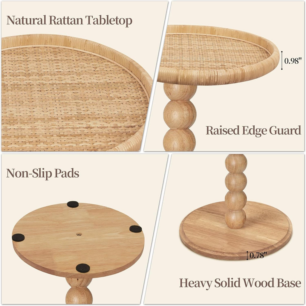 Drink Table, Boho Rattan Small Round Side Table for Small Spaces, Solid Wood Circle End Table for Living Room, Pedestal Table for Couch, Bedroom, Corners, Natural