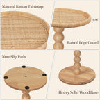 Drink Table, Boho Rattan Small Round Side Table for Small Spaces, Solid Wood Circle End Table for Living Room, Pedestal Table for Couch, Bedroom, Corners, Natural