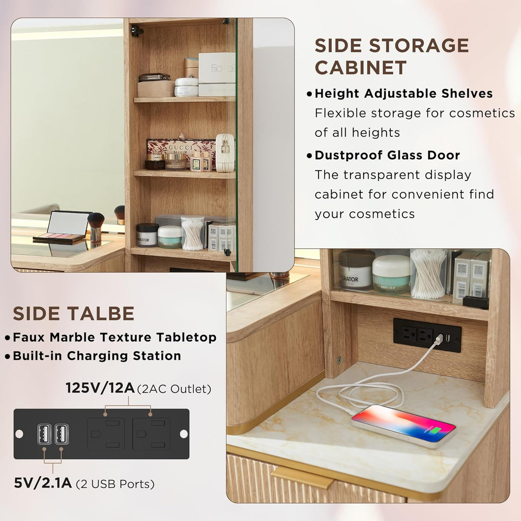 T4TREAM Fluted Makeup Vanity Desk with 36" HD Lighted Mirror, 48" Big Modern Vanity Desk with Mirror and Lights, Dressing Table with 5 Drawers & Shelves, Glass Top for Bedroom (Natural Oak)
