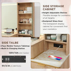 T4TREAM Fluted Makeup Vanity Desk with 36" HD Lighted Mirror, 48" Big Modern Vanity Desk with Mirror and Lights, Dressing Table with 5 Drawers & Shelves, Glass Top for Bedroom (Natural Oak)