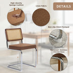Rattan Dining Chairs Set of 6,Upholstered Mid-Century Modern Dining Room Chairs with Cane Backrest,Retro Linen Kitchen Chairs with Stainless Chrome Base,Brown