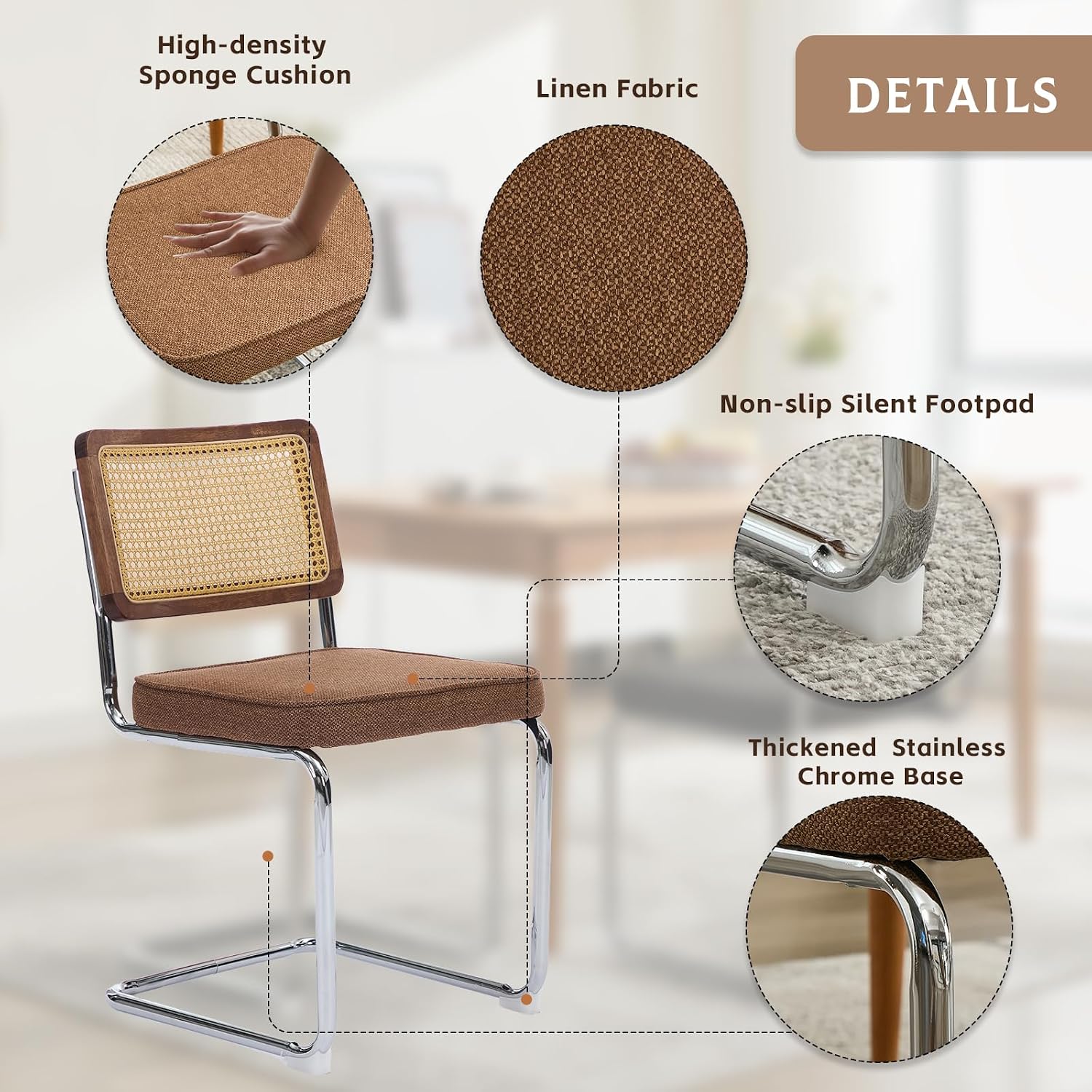 Rattan Dining Chairs Set of 6,Upholstered Mid-Century Modern Dining Room Chairs with Cane Backrest,Retro Linen Kitchen Chairs with Stainless Chrome Base,Brown