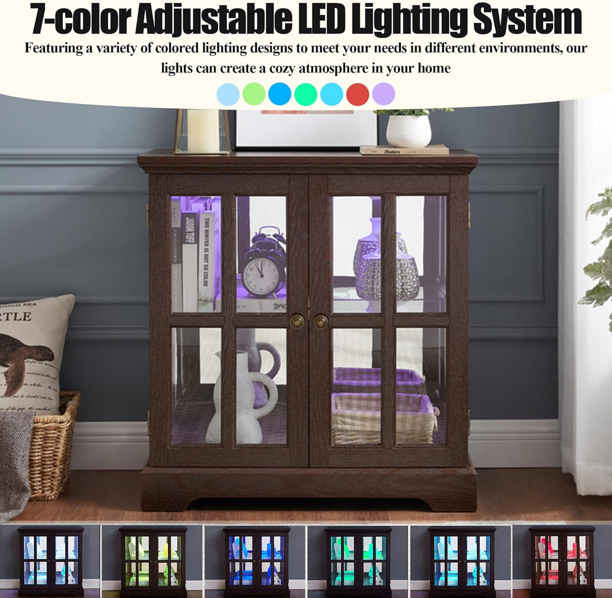 2 Door Curio Display Cabinet with LED Light & Adjustable Shelves, 30" Tableware Display Sideboard w/Mirrored Back Pane, Modern Glass Display Storage Cabinet for Kitchen & Living Room (Cherry)