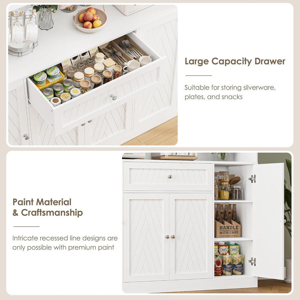 BOTLOG 72" Tall Kitchen Pantry Cabinet, 55.1" Wide Large Kitchen Hutch with Microwave Countertop, Coffee Bar Station with Drawer & Doors, White Freestanding Buffet Cupboard for Dining Room