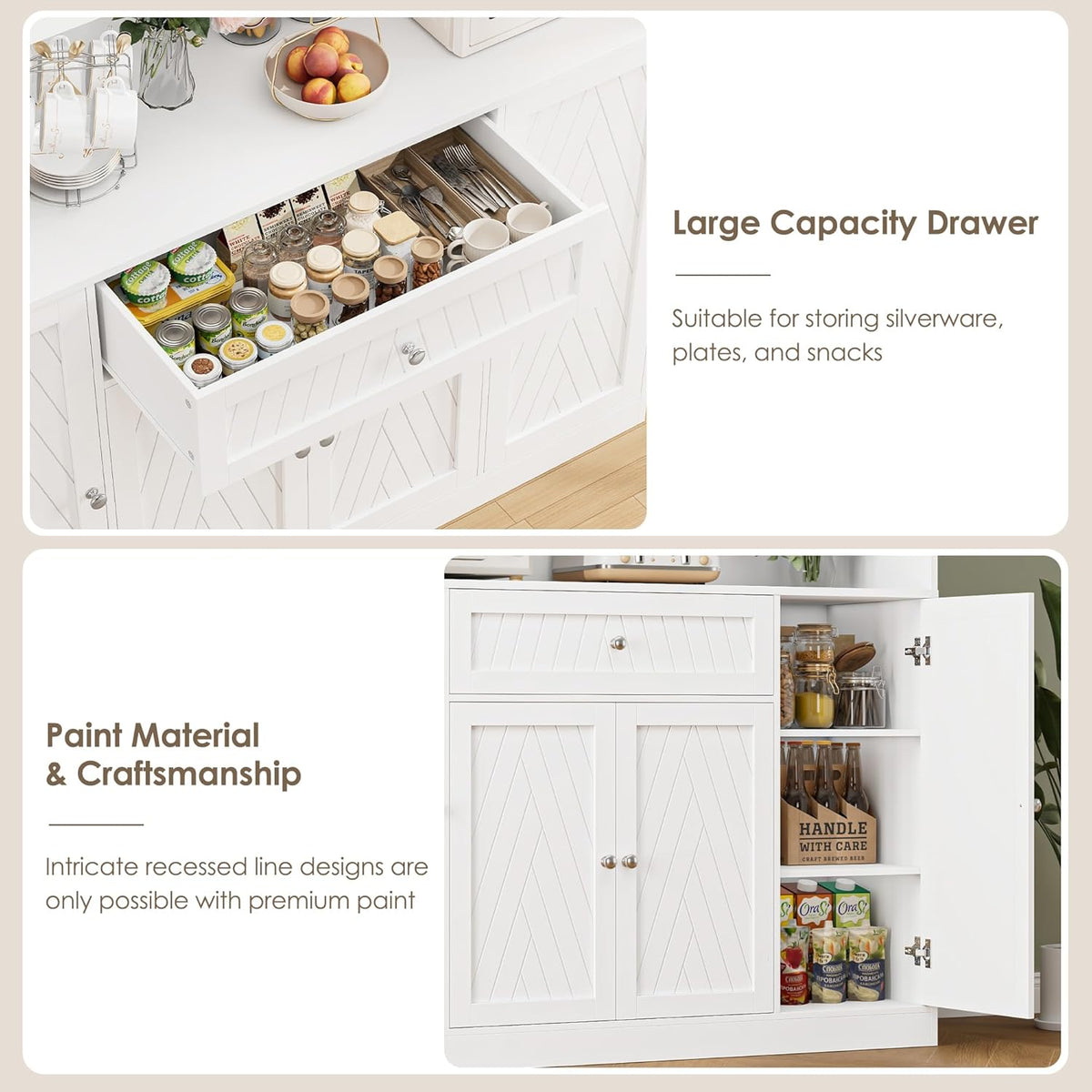 BOTLOG 72" Tall Kitchen Pantry Cabinet, 55.1" Wide Large Kitchen Hutch with Microwave Countertop, Coffee Bar Station with Drawer & Doors, White Freestanding Buffet Cupboard for Dining Room