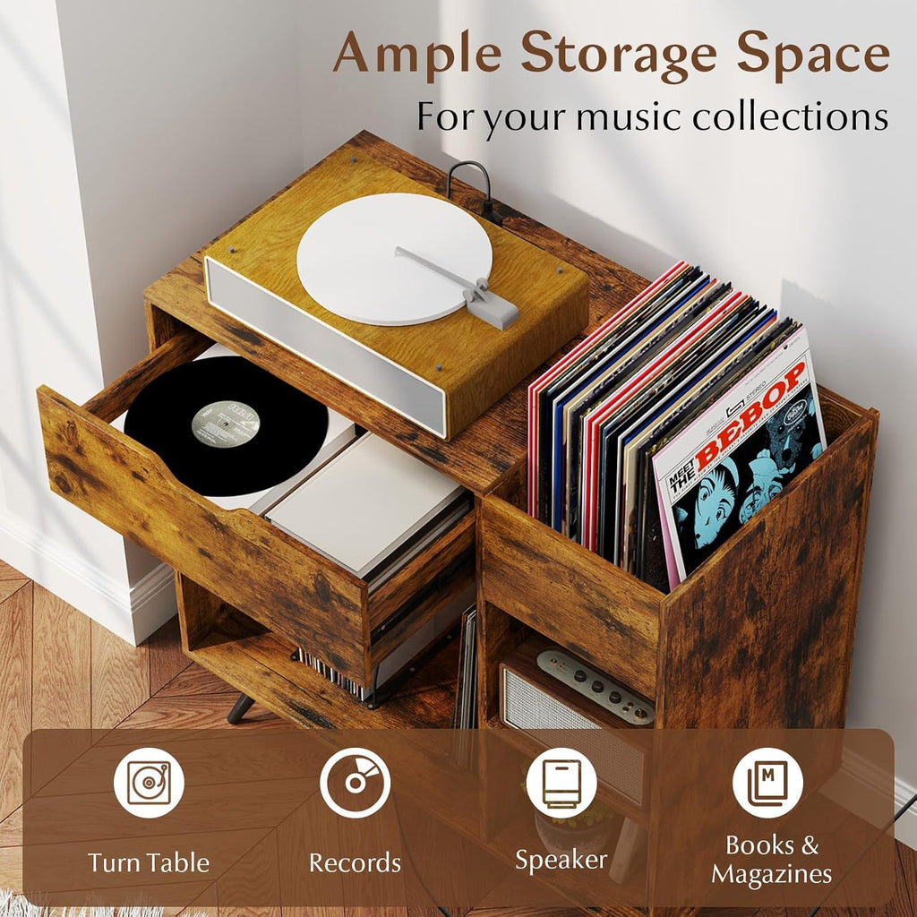 LOKO Record Player Stand with Charging Station, Vinyl Record Holder with Removable Divider, Industrial Turntable Display Stand, Record Storage Table Cabinet for Living Room, Bedroom, Rustic Brown