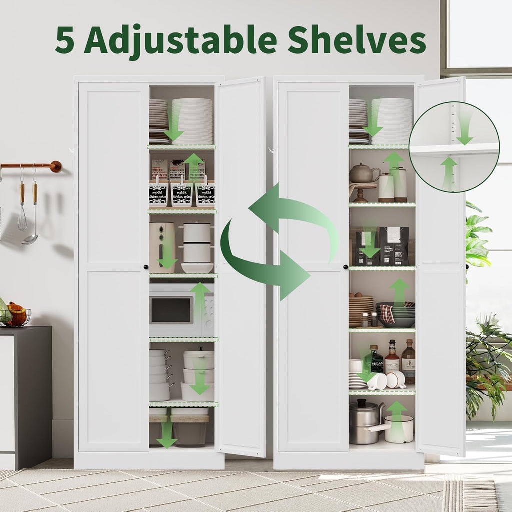 72" Tall Kitchen Pantry Cabinet,White Metal Pantry Cabinet with 2 Doors & 5 Adjustable Shelves,Utility Storage Cabinet for Living Room,Garage,Basement