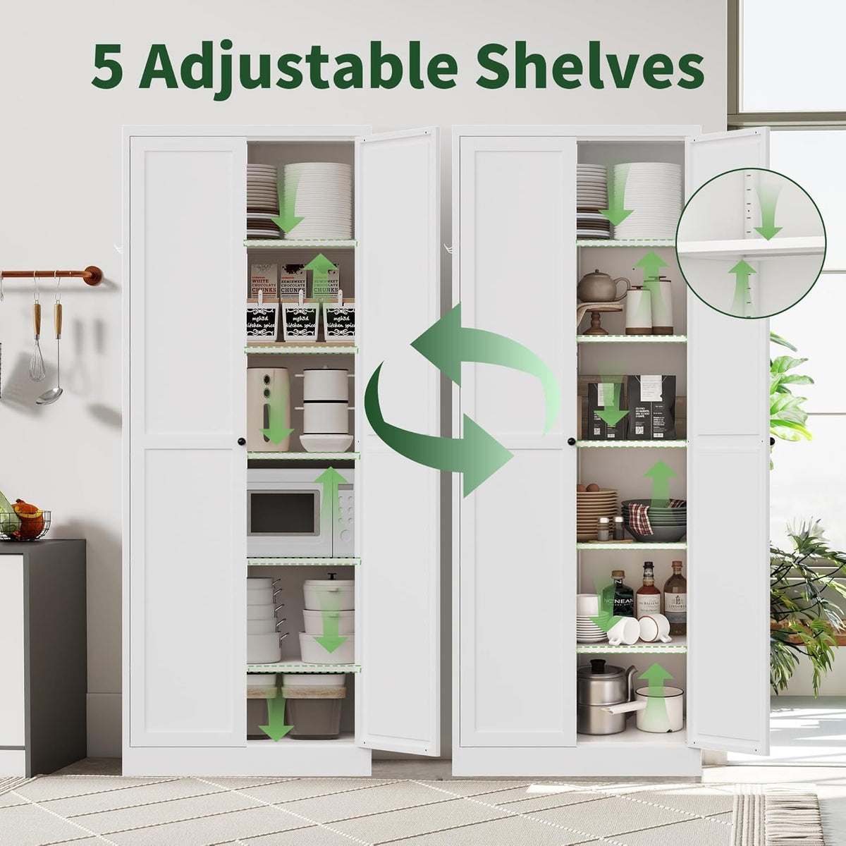 72" Tall Kitchen Pantry Cabinet,White Metal Pantry Cabinet with 2 Doors & 5 Adjustable Shelves,Utility Storage Cabinet for Living Room,Garage,Basement