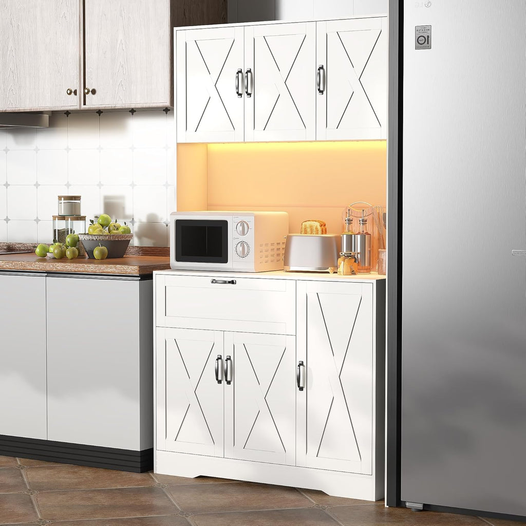 71" Kitchen Pantry Cabinets with Hutch - Freestanding Pantry Cabinet with Drawer, Adjustable Shelves, LED Light & Power Outlets for Kitchen, Dining Room, Living Room (White)