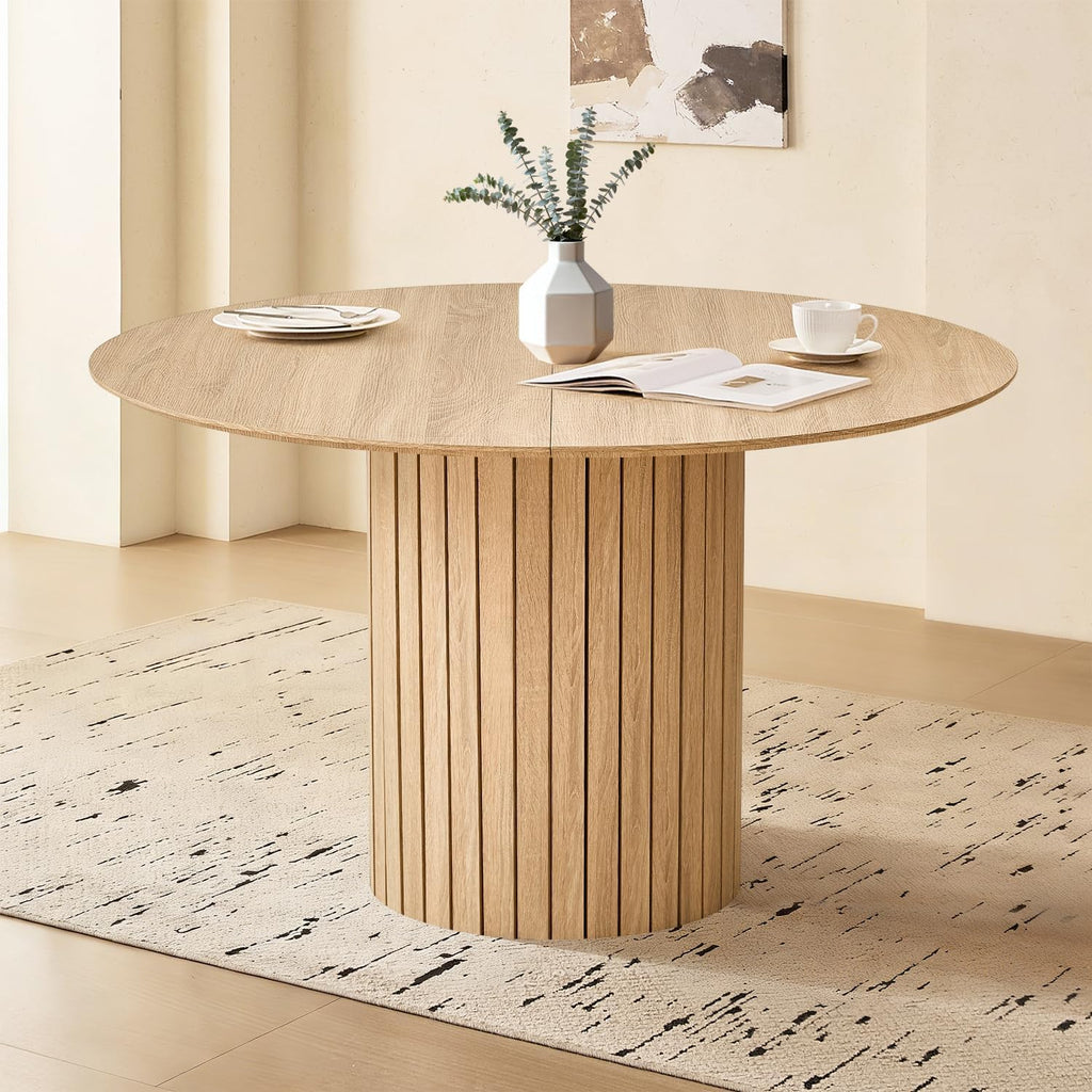 47" Modern Round Dining Table for 4 with Heavy Base, Natural | Farmhouse Kitchen Table Chamfered Edge Tabletop Circle Pedestal Dinner Table for Apartment Dining Living Room, Metal Frame
