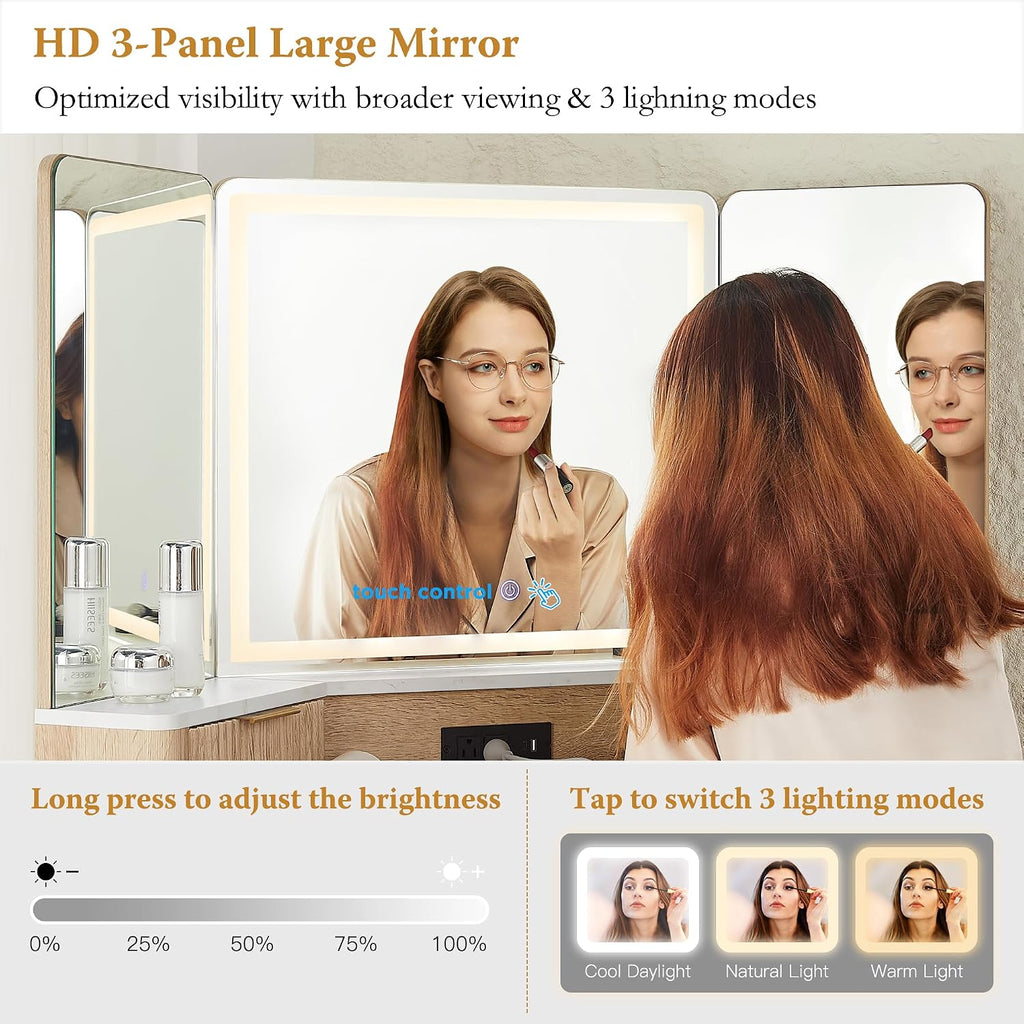 T4TREAM 48" Corner Makeup Vanity with Lighted Triple Mirror, Natural Oak | Modern, Fluted Vanity, Glass Top, 3 Drawers, 2 Cabinets, Organized Bedroom Storage