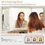 T4TREAM 48" Corner Makeup Vanity with Lighted Triple Mirror, Natural Oak | Modern, Fluted Vanity, Glass Top, 3 Drawers, 2 Cabinets, Organized Bedroom Storage
