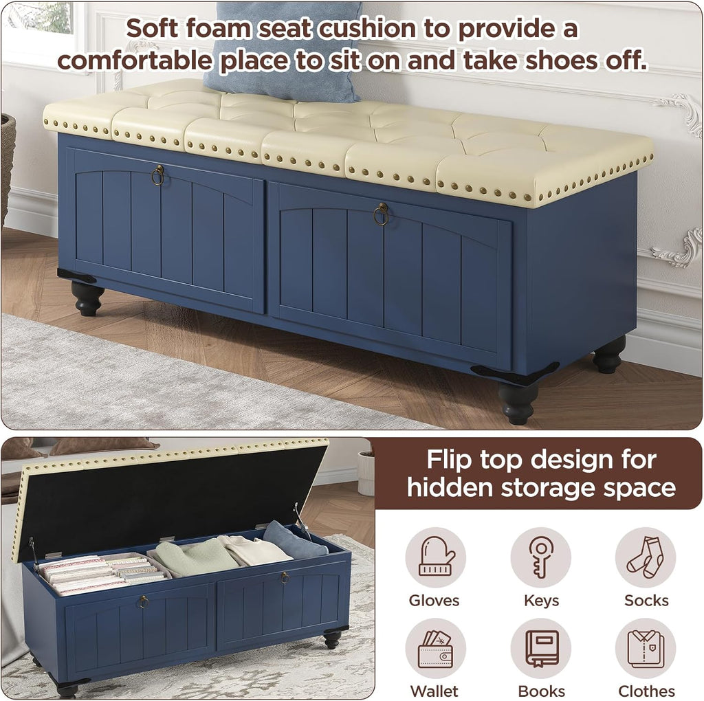Maupvit Ottoman with Storage, Wooden Storage Ottoman Bench with Safety Hinge, Upholstered Entryway Bench with Cushioned Seat, Bench Bedroom Bench for Living Room, Entryway, Blue