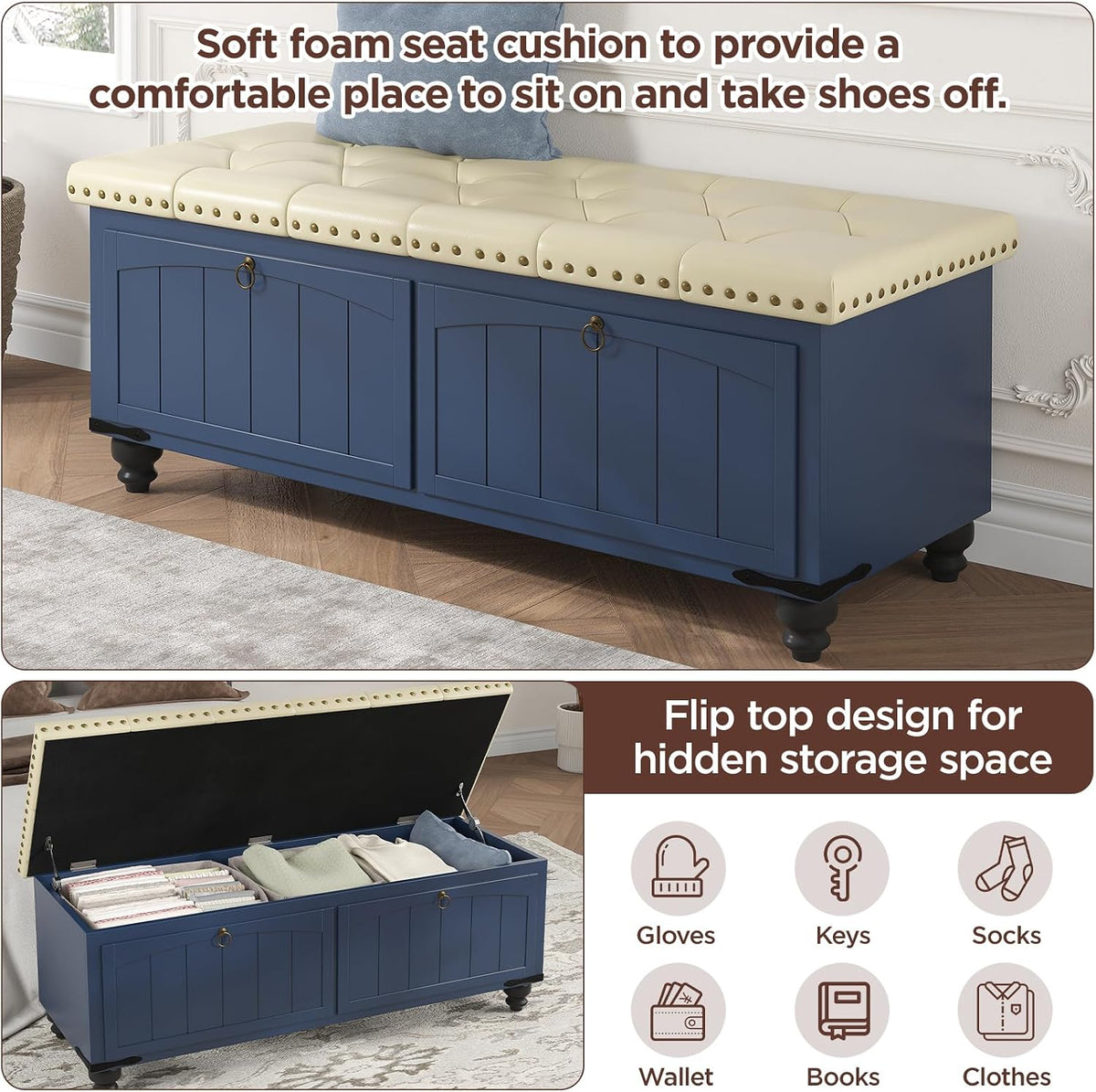 Maupvit Ottoman with Storage, Wooden Storage Ottoman Bench with Safety Hinge, Upholstered Entryway Bench with Cushioned Seat, Bench Bedroom Bench for Living Room, Entryway, Blue