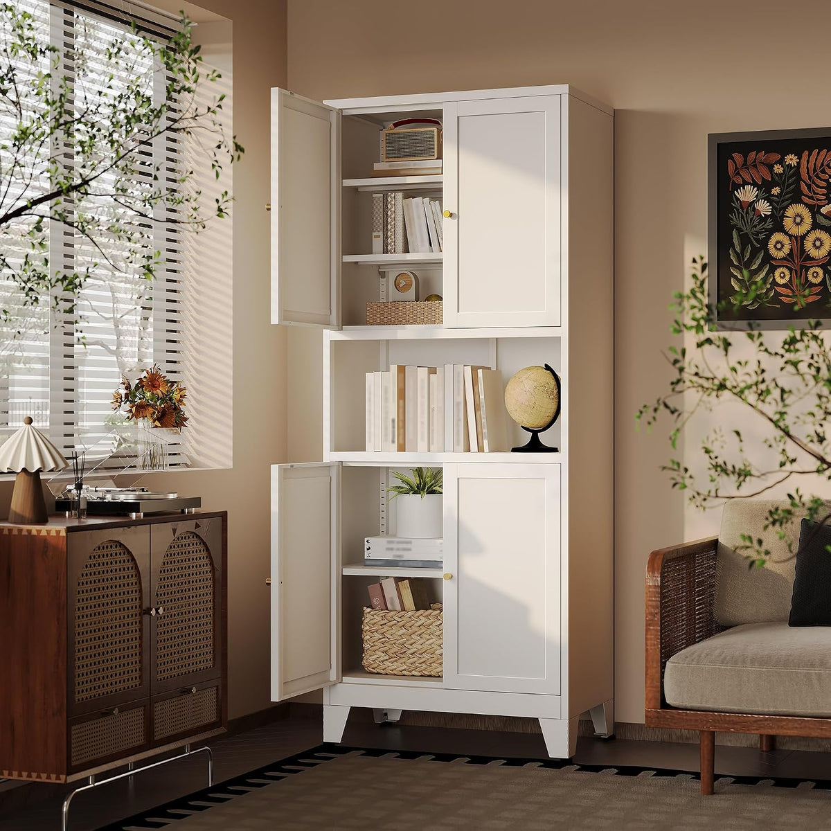 69"H Kitchen Pantry Cabinet with Countertop and Microwave Shelf,Metal Microwave Stand Cabinet with Storage，White Farmhouse Food Storage cabinet,Tall Freestanding Pantry Cabinets for Dining Room