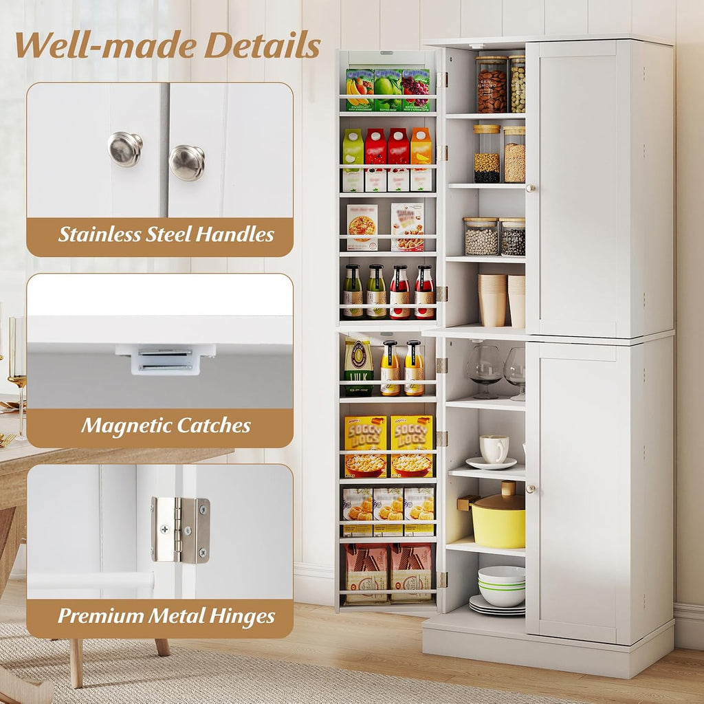 Giantex Kitchen Pantry Cabinet, 65.5" Tall Kitchen Hutch w/8-Tier Storage Cabinet, 16-Tier Door Shelves & Adjustable Shelves, 4-Door Freestanding Buffet Sideboard for Dining Room, Living Room, White