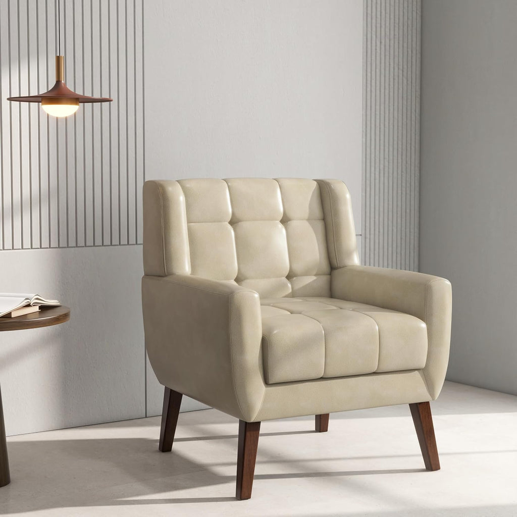 Accent Chair, Comfy Mid Century Modern Small Armchairs with Solid Wood Frame and Soft Cushion for Living Room, Bedroom (Faux Leather, Cream, Set of 2)