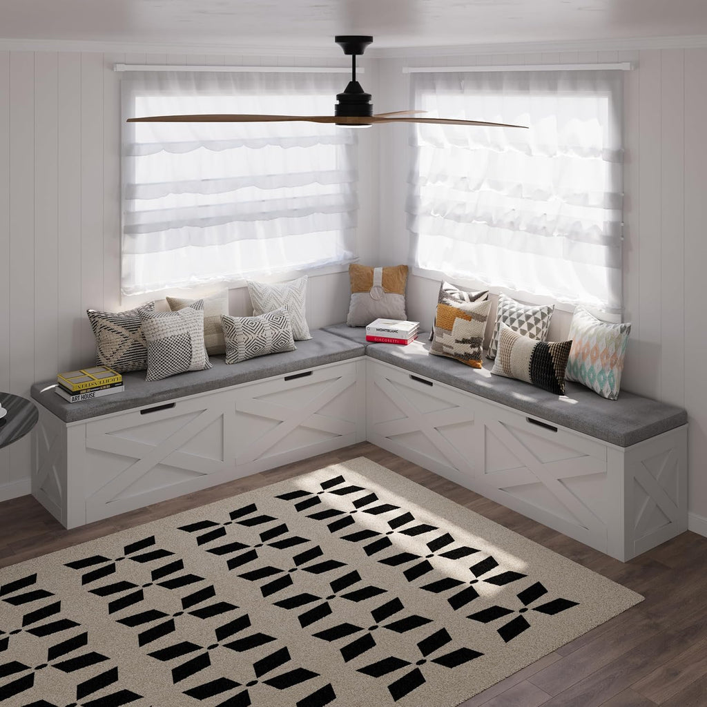 Bobve L-Shape Storage Bench with Cushion, Backless Corner Dining Bench, Kitchen Dining Nook Bench with Hidden Storage for Dining Room, Kitchen, Entryway (White+Grey)