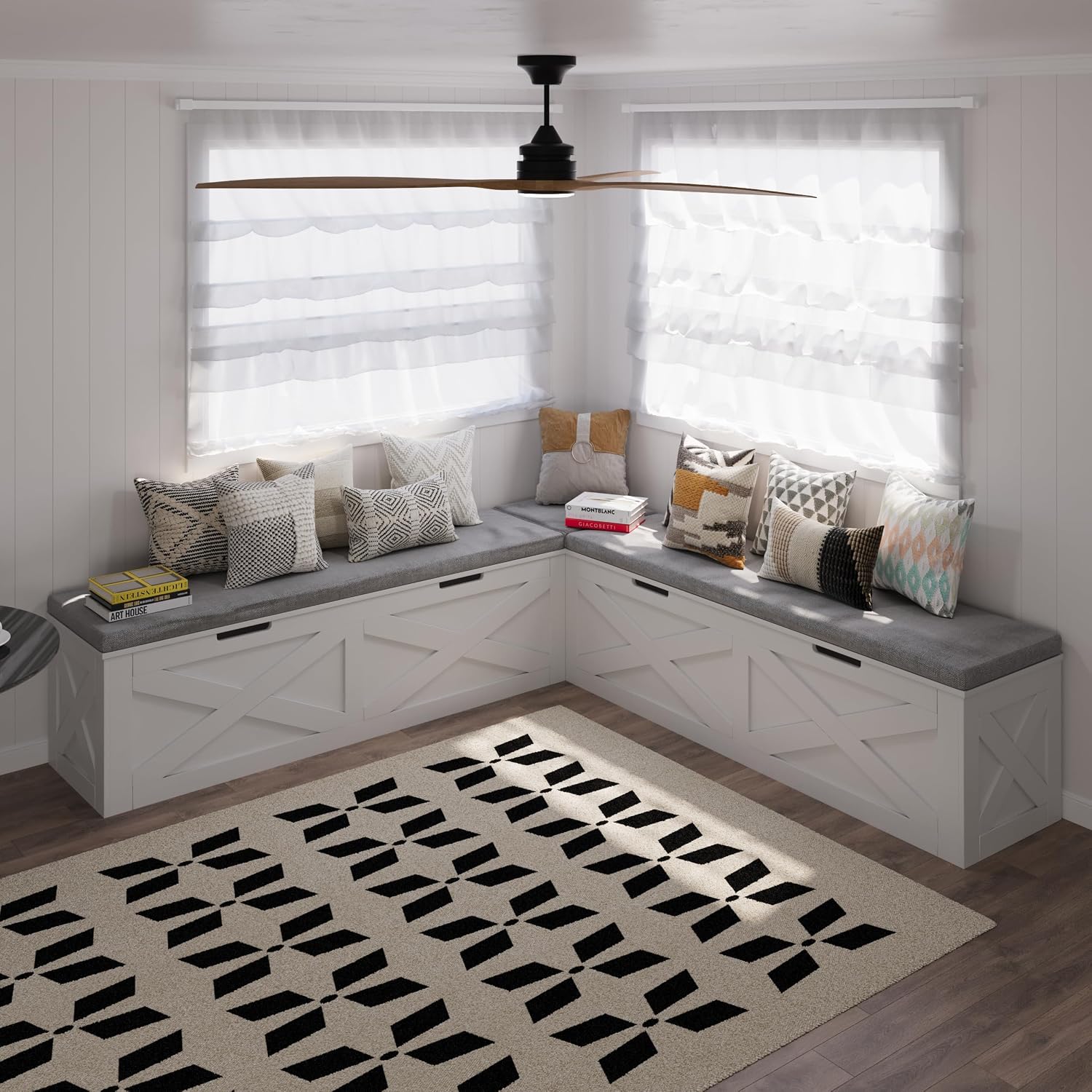 Bobve L-Shape Storage Bench with Cushion, Backless Corner Dining Bench, Kitchen Dining Nook Bench with Hidden Storage for Dining Room, Kitchen, Entryway (White+Grey)