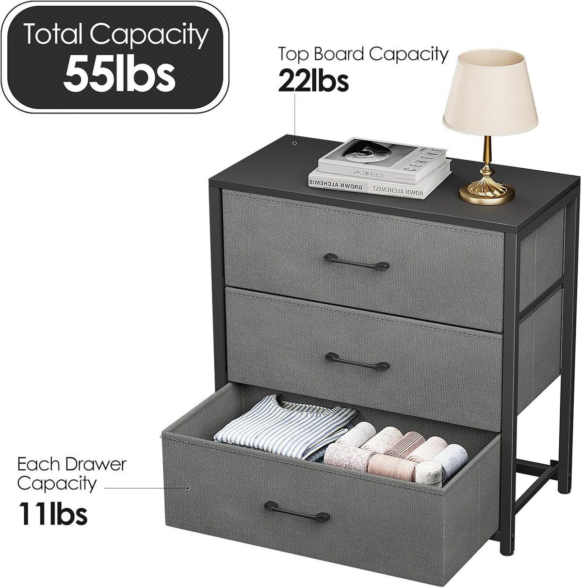 Memobarco Nightstand with 3 Fabric Drawers, Storage Dresser, Gray | Storage Drawers, side Table, End Table, Fabric Drawers, Wood Top, Metal Frame, Bedroom, Closet, Living Room