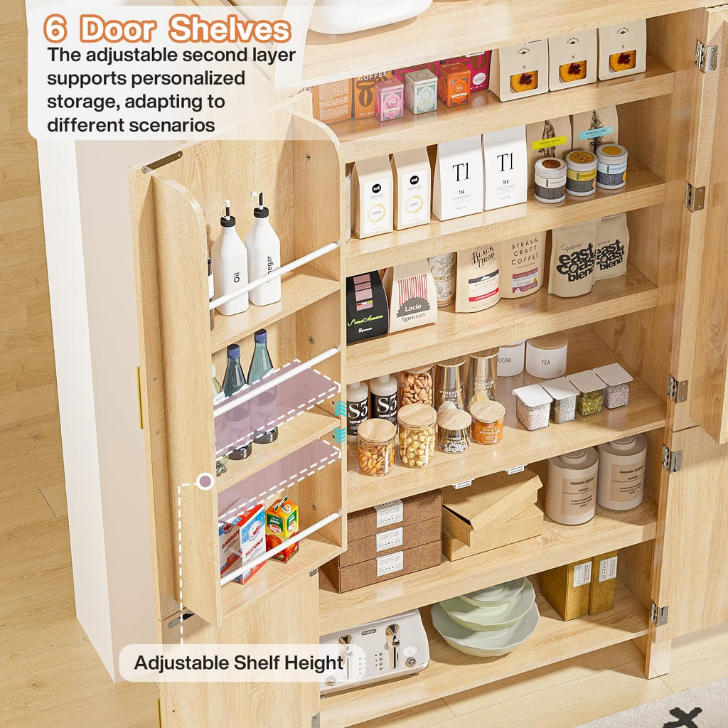PRETZI Fluted Arched Cabinet with Doors, 71" Tall Kitchen Pantry Storage Cabinet with Adjustable Shelves and 6 Door Shelves, Freestanding Morden Organizer for Kitchen, Living Room, Natural Wood