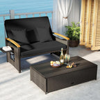COSTWAY Patio Rattan Daybed, Outdoor Loveseat Sofa with Storage Ottoman, 4-Level Adjustable Backrest & Acacia Wood Armrest, Outdoor Wicker Daybed with Side Panels for Yard, Deck, Poolside (Black)