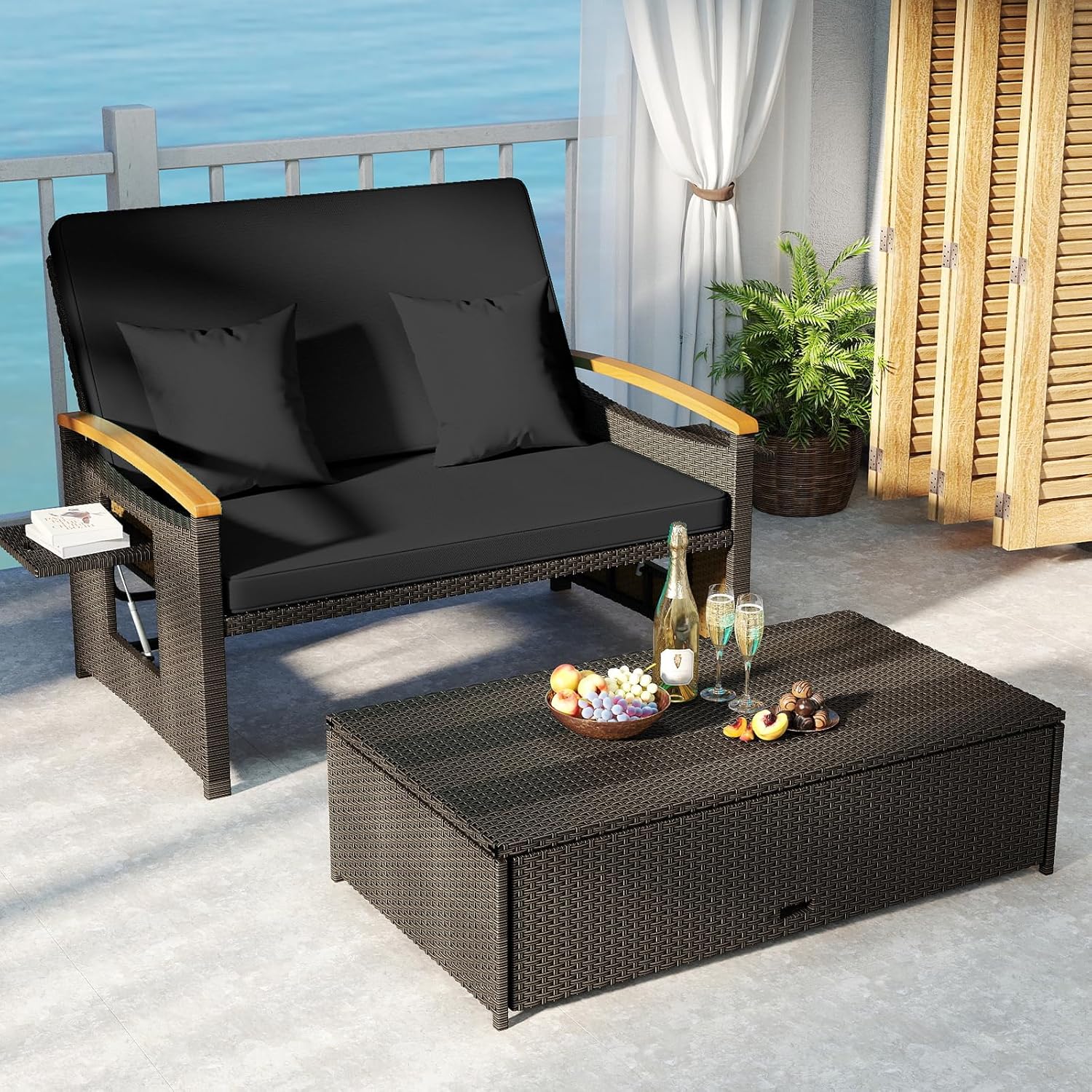 COSTWAY Patio Rattan Daybed, Outdoor Loveseat Sofa with Storage Ottoman, 4-Level Adjustable Backrest & Acacia Wood Armrest, Outdoor Wicker Daybed with Side Panels for Yard, Deck, Poolside (Black)
