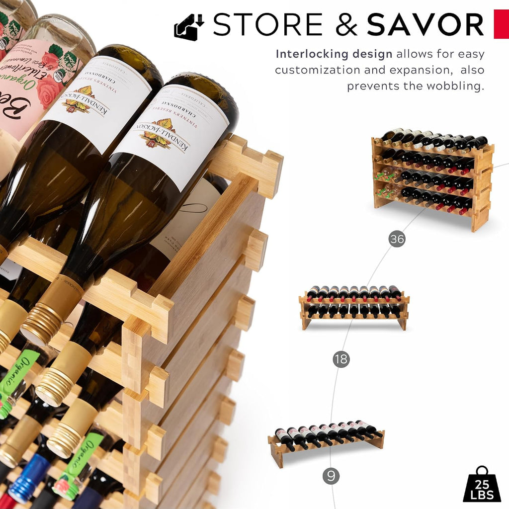 72 Bottle Wine Rack – Modular Freestanding Bamboo Wine Storage Shelf for Home, Kitchen & Cellar – Stackable Wine Organizer Stand