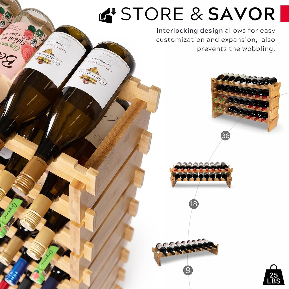 72 Bottle Wine Rack – Modular Freestanding Bamboo Wine Storage Shelf for Home, Kitchen & Cellar – Stackable Wine Organizer Stand