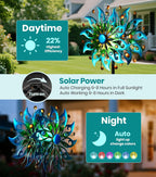 Solar Wind Spinners Outdoor – H63xW13 Metal Kinetic Garden Spinner with Crackle Glass Ball & Built-in Solar Panel – Peacock-Style Yard Wind Sculpture with LED Light