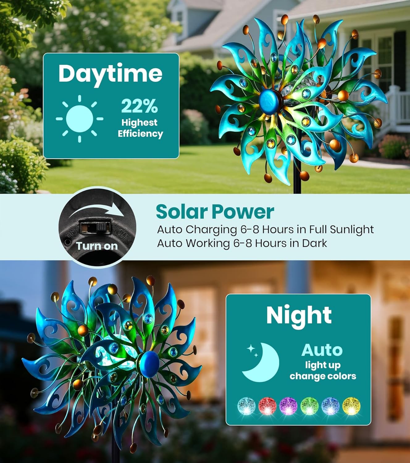 Solar Wind Spinners Outdoor – H63xW13 Metal Kinetic Garden Spinner with Crackle Glass Ball & Built-in Solar Panel – Peacock-Style Yard Wind Sculpture with LED Light