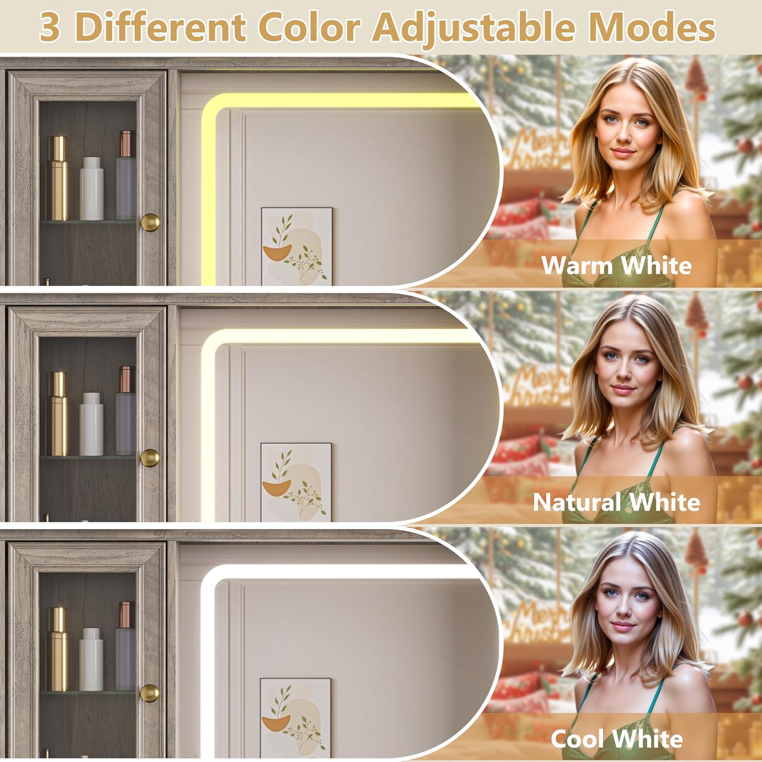HUANLEGO Farmhouse Makeup Vanity Desk with Mirror and LED Lights, Grey | Vanity Mirror with Lights Desk for Women, Makeup Table Set with RGB Cabinet and 6 Drawers, Charging Station , 3 Light Modes