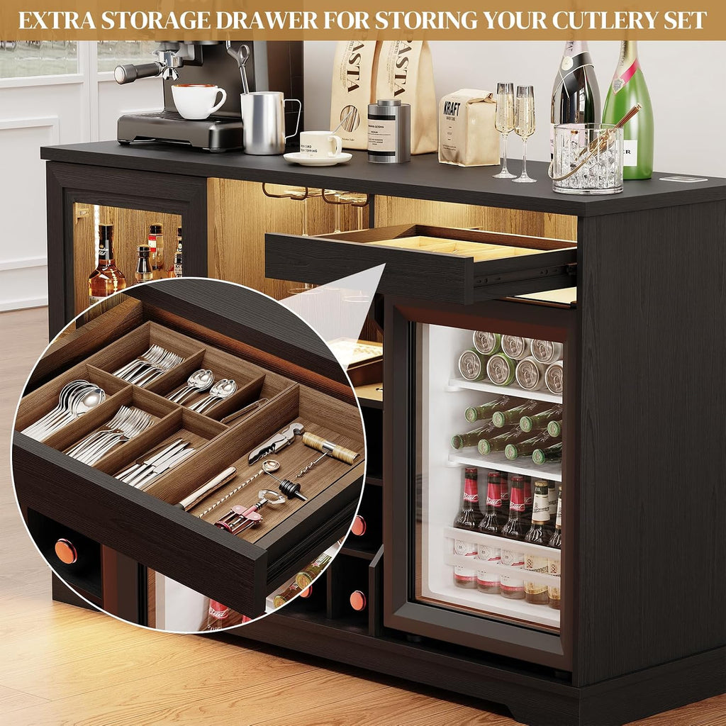 BROTTAR Large Coffee Bar Cabinet with Fridge (Fridge Included) | Liquor Wine Bar Cabinet with LED Lights, Glass Holder, Wine Rack, Human Body Sensor, Buffet Sideboard for Home, Black