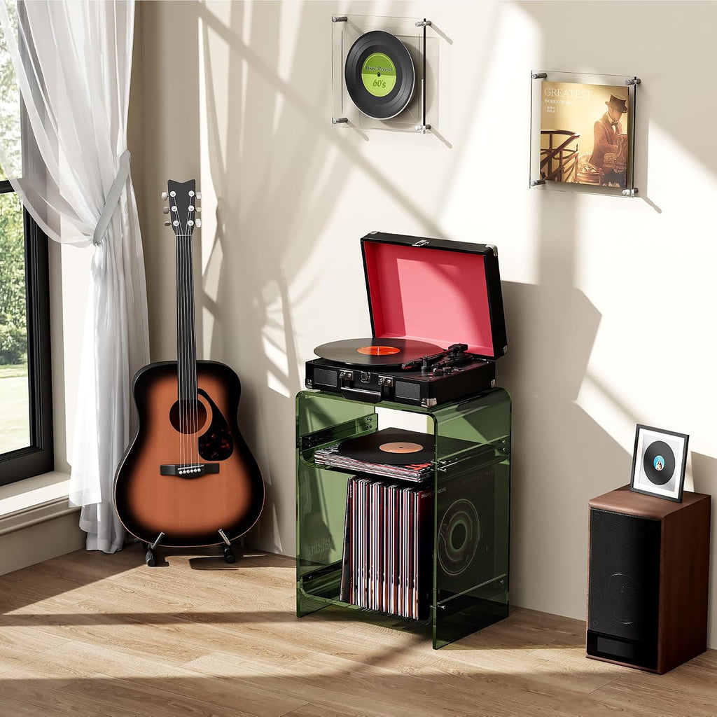 Acrylic Record Player Table with Storage Shelf, Clear Side Table Nightstand (Green, Medium)