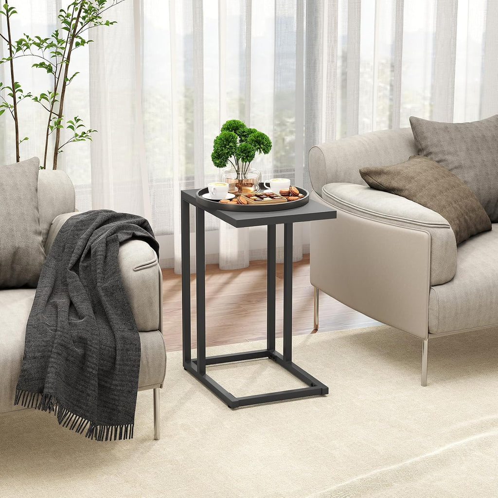 HAPPYGRILL C-Shaped Side Table with Metal Frame, Adjustable Foot Pads, Small Industrial End Table for Couch Sofa, Living Room Bedroom Office(1)