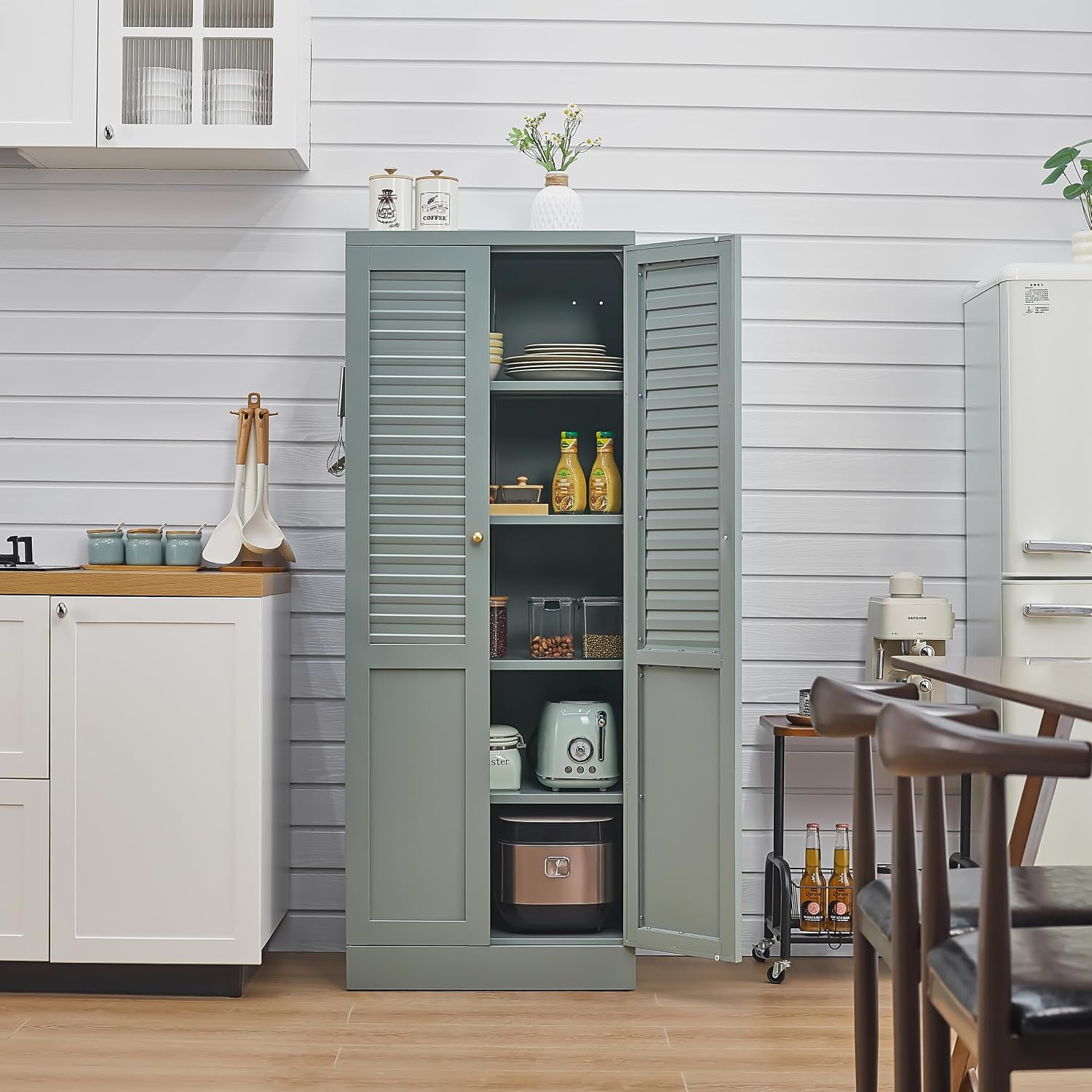 Freestanding Pantry Cabinet with 4 Adjustable Shelves for Kitchen | Space-Saving Furniture-Style Design, Durable Steel Construction