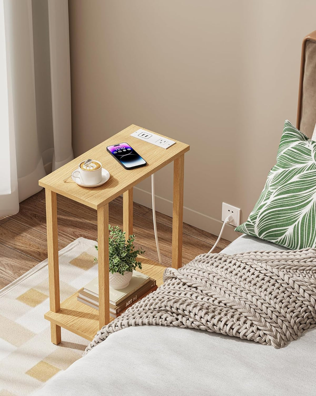 TUTOTAK Small End Table with Charging Station, Narrow Side Table with USB Ports and Outlets, Skinny Sofa Table, Slim Nightstand, Living Room, Bed Room, Natural TB01BN060
