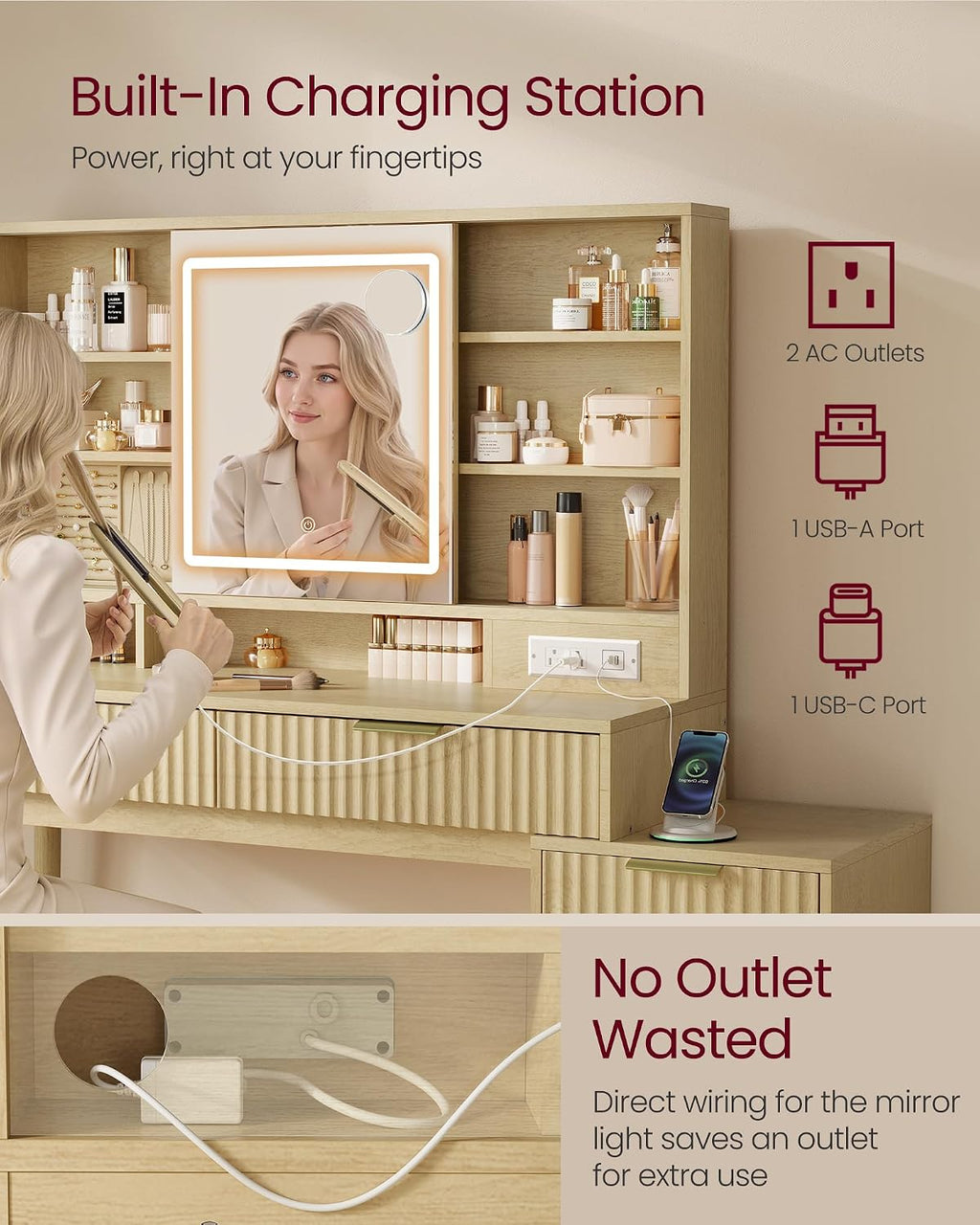 VASAGLE Fluted Vanity Desk with Sliding Mirror and Lights, 5 Drawers | Contemporary Makeup Vanity, Charging Station, Jewelry Storage, Oak Beige, MAXE Collection URDT139YC01S
