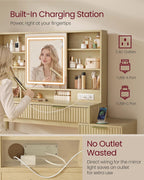 VASAGLE Fluted Vanity Desk with Sliding Mirror and Lights, 5 Drawers | Contemporary Makeup Vanity, Charging Station, Jewelry Storage, Oak Beige, MAXE Collection URDT139YC01S