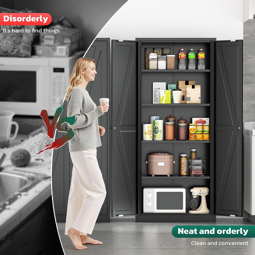 Greenvelly 63" H Black Farmhouse Metal Pantry Cabinet, Kitchen Pantry Storage Cabinets with 2 Doors and Adjustable Shelves, Kitchen Pantry Cabinets for Home, Garage and Bedroom