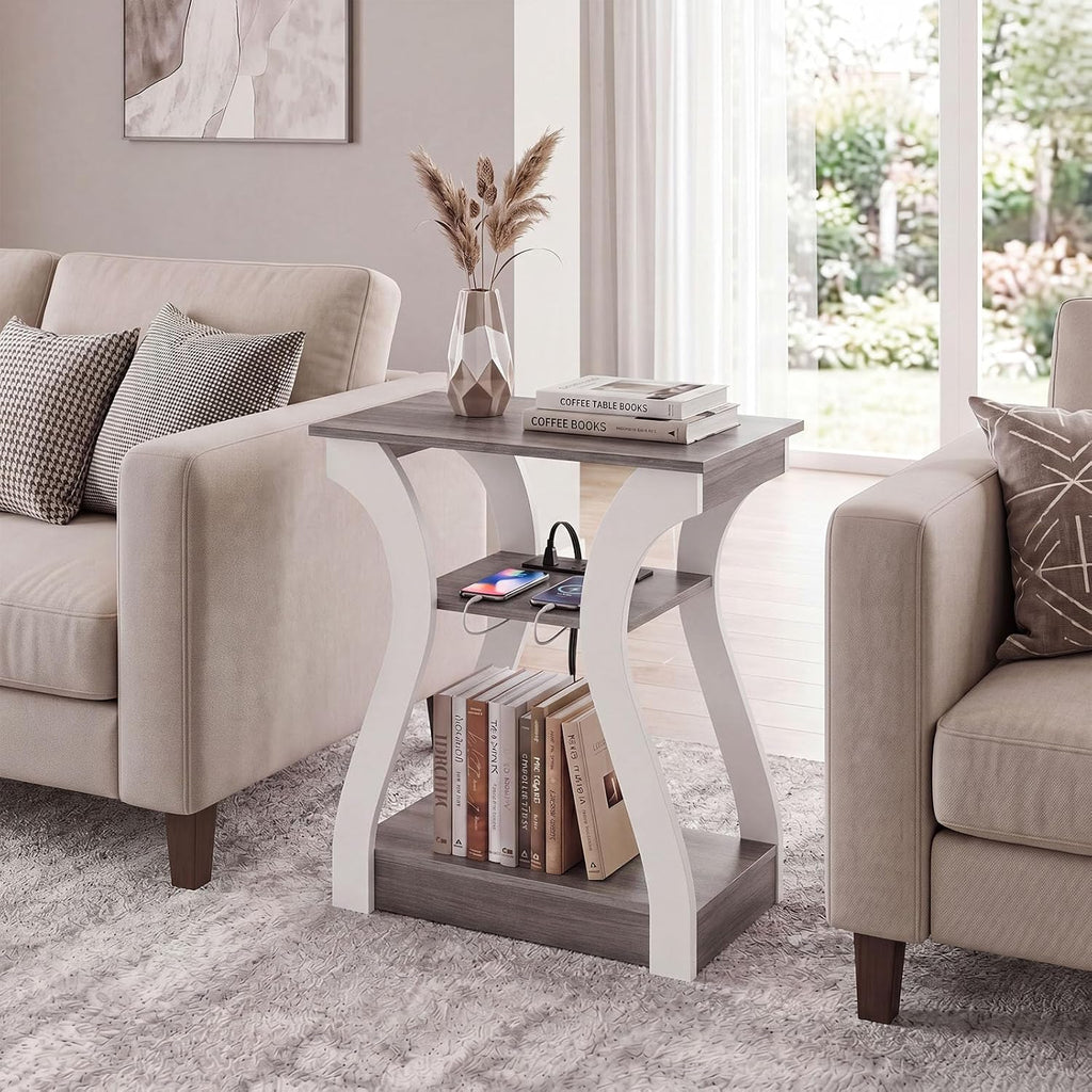 OLIXIS End Table with Charging Station, Modern Curved Nightstand Set of 2