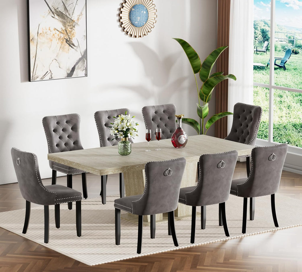 Extendable Dining Room Table for 6 8 10, 78.74" Modern Faux Travertine Wooden Long Large Rectangular Expanding Conference Kitchen Table with Dual Columns Base, White Oak