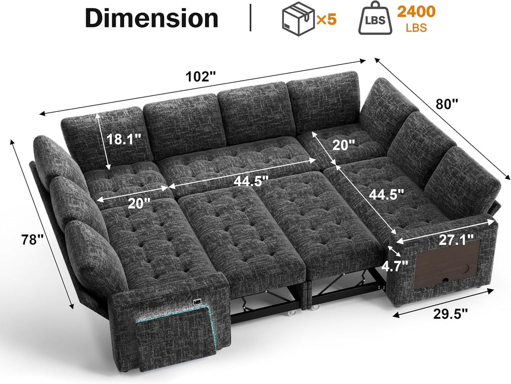 Vipbear 8 Seat U Shaped Modular Sectional Sleeper Sofa with Pull Out Bed/Reclining Backrest/USB Ports/Table/LED Light/Storage Seat, Sectional Sleeper Couch, Tool-Free Assembly, Chenille Black