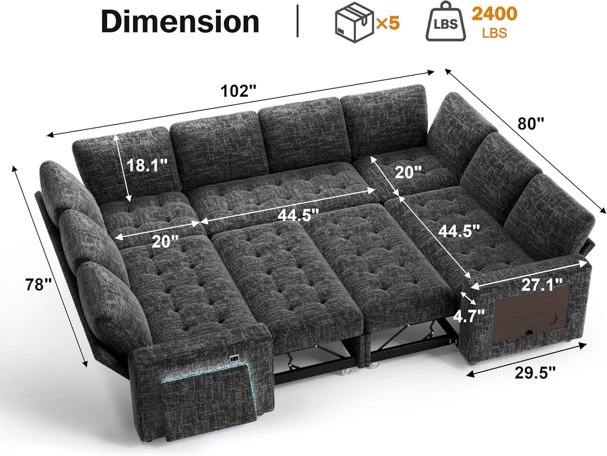 Vipbear 8 Seat U Shaped Modular Sectional Sleeper Sofa with Pull Out Bed/Reclining Backrest/USB Ports/Table/LED Light/Storage Seat, Sectional Sleeper Couch, Tool-Free Assembly, Chenille Black